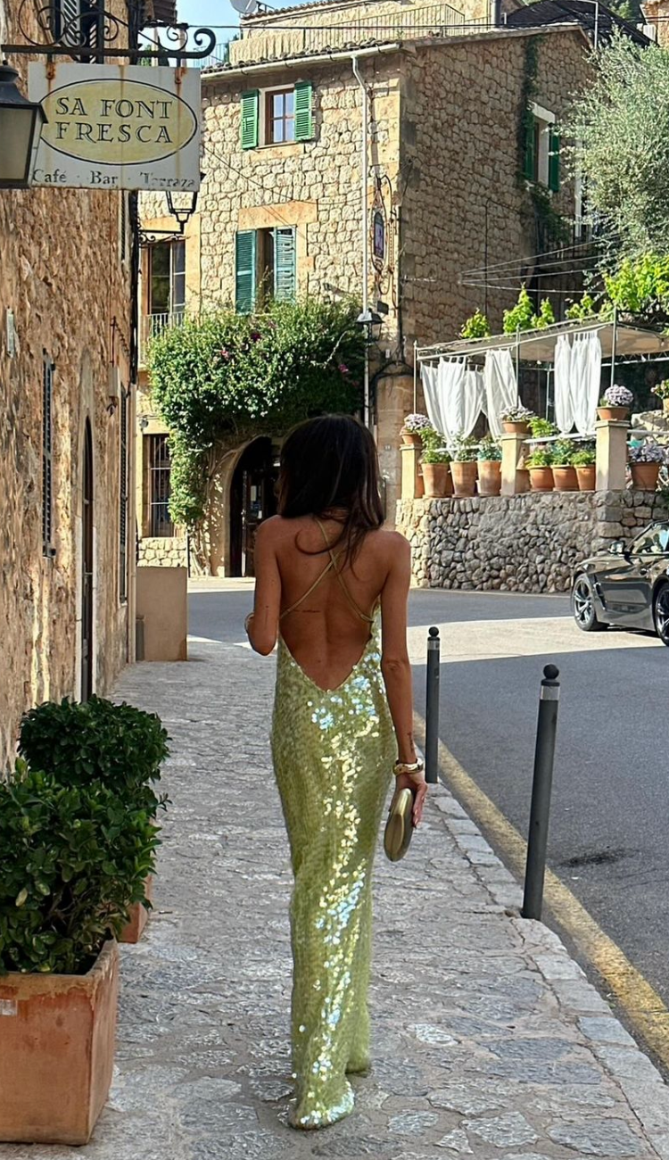 Ayla - Vestito da festa senza schiena con colletto quadrato e paillettes