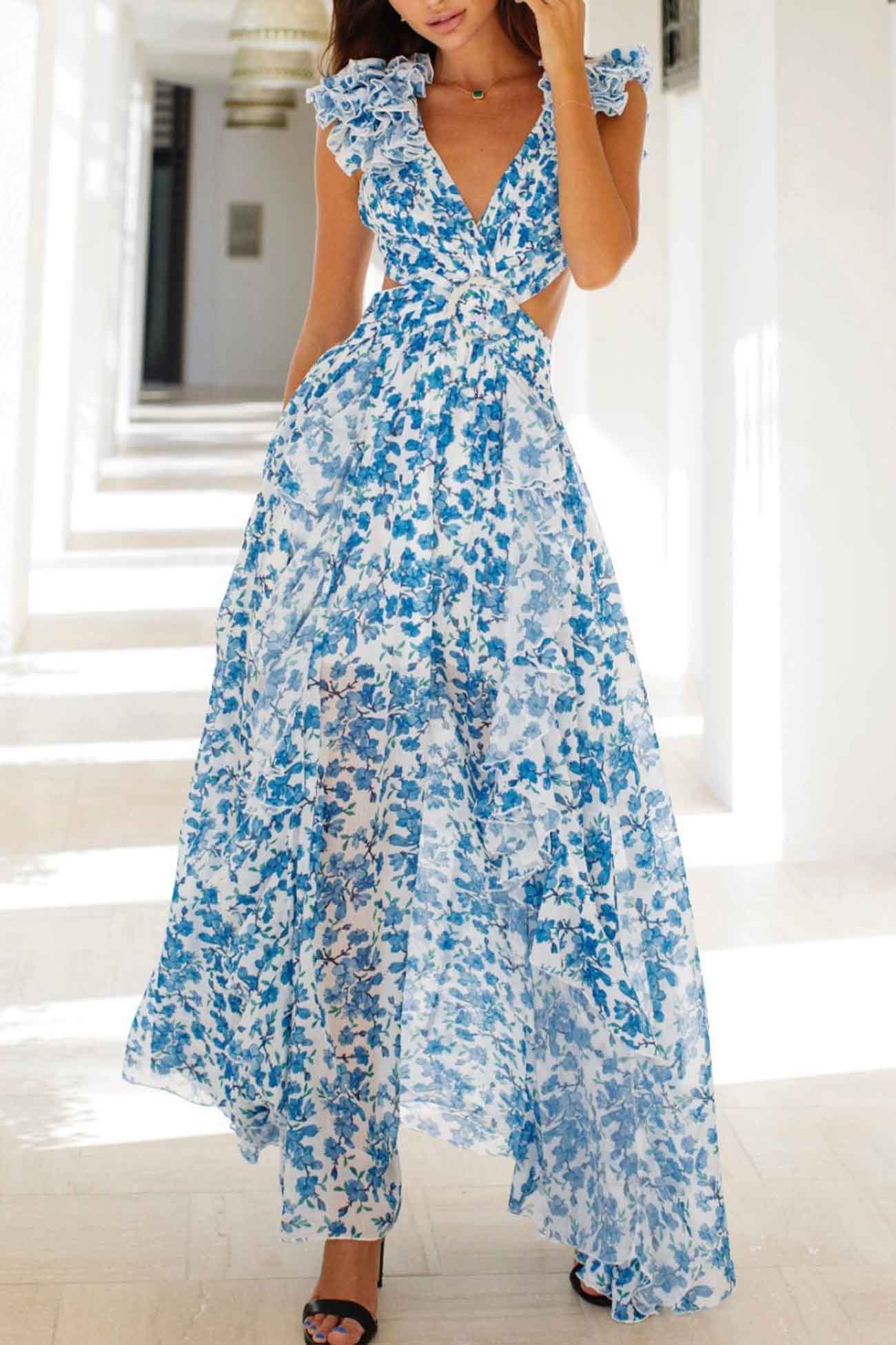 Isadora™ | Abito Maxi con Maniche a Volant e Cut-Out