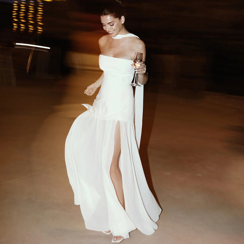 Ariadne - Abito Maxi Asimmetrico in Rete Patchwork senza Spalline