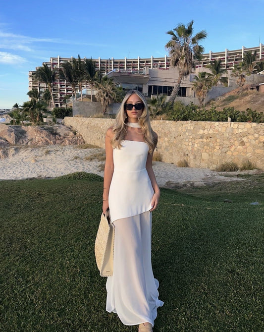 Ariadne - Abito Maxi Asimmetrico in Rete Patchwork senza Spalline