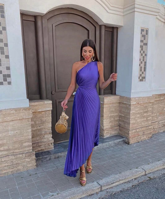 Celeste – Elegante Vestito Midi con Spalla Scoperta