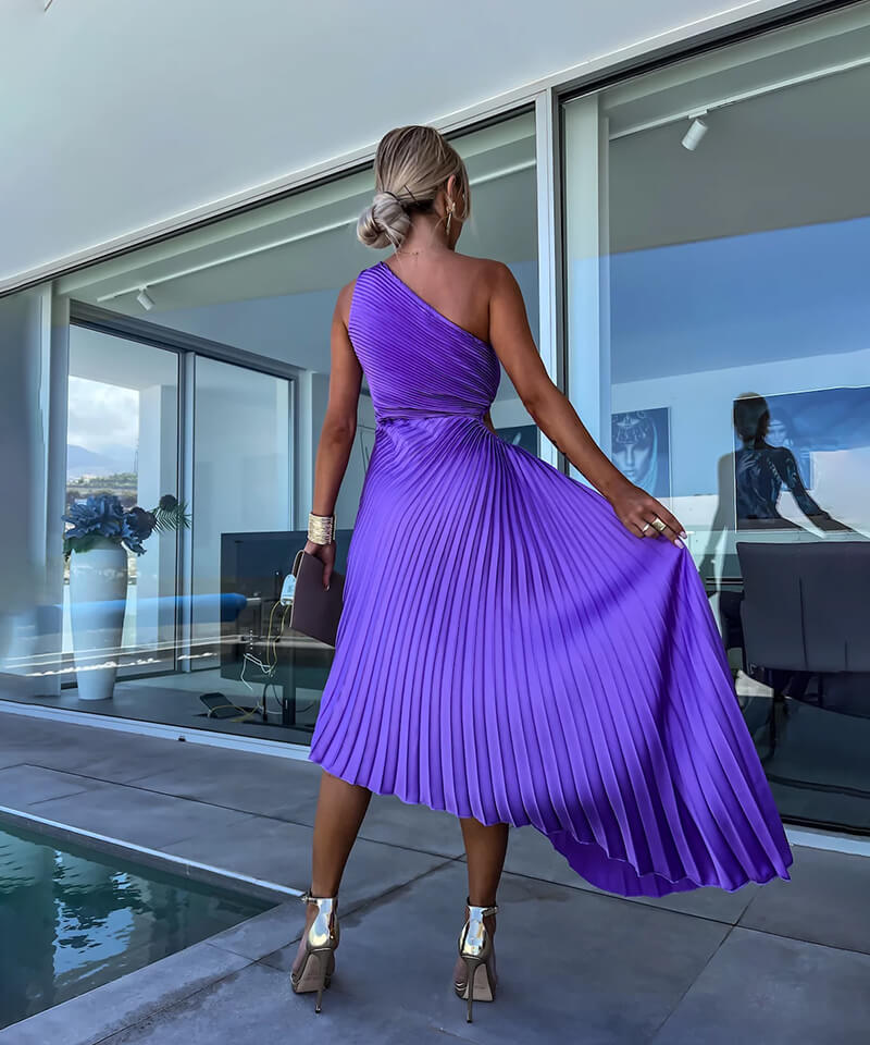 Celeste – Elegante Vestito Midi con Spalla Scoperta