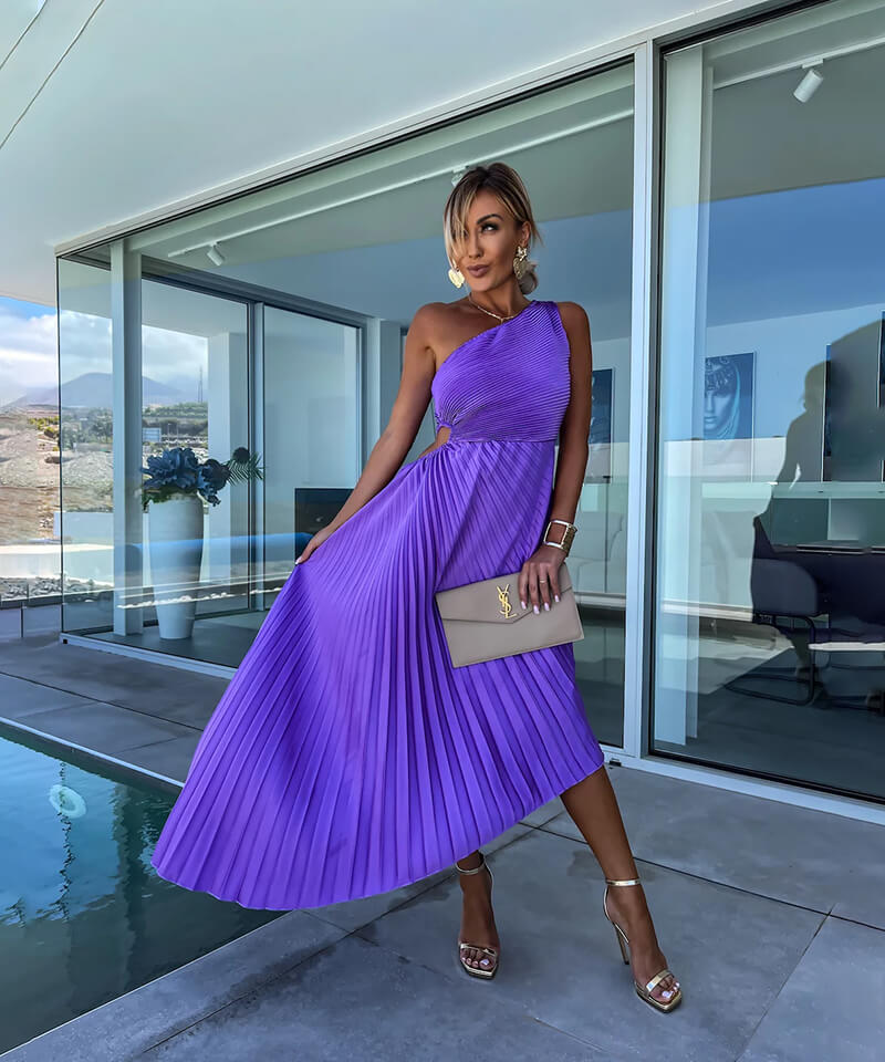 Celeste – Elegante Vestito Midi con Spalla Scoperta